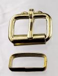 Two one inch brass plated roller buckles and two deluxe belt keepers