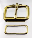 Two 1 1/2 inch brass plated roller buckles and two belt keepers