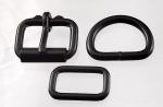 Two black one inch plated roller buckles, two belt keepers, and two D rings