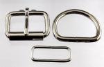 Two 1 1/2 inch nickel plated roller buckles, two belt keepers, and two D rings