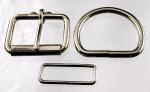 Two 1 3/4 inch nickel plated roller buckles, two belt keepers, and two D rings
